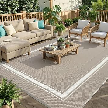 GAOMON Outdoor Rugs 8x10 Waterproof Reversible Plastic Straw Rug Bordered Patio Rug, Foldable Lightweight RV Camping Mat with Portable Bag & 4 Stakes, UV Resistant & Sturdy for Picnic, Dusty Taupe