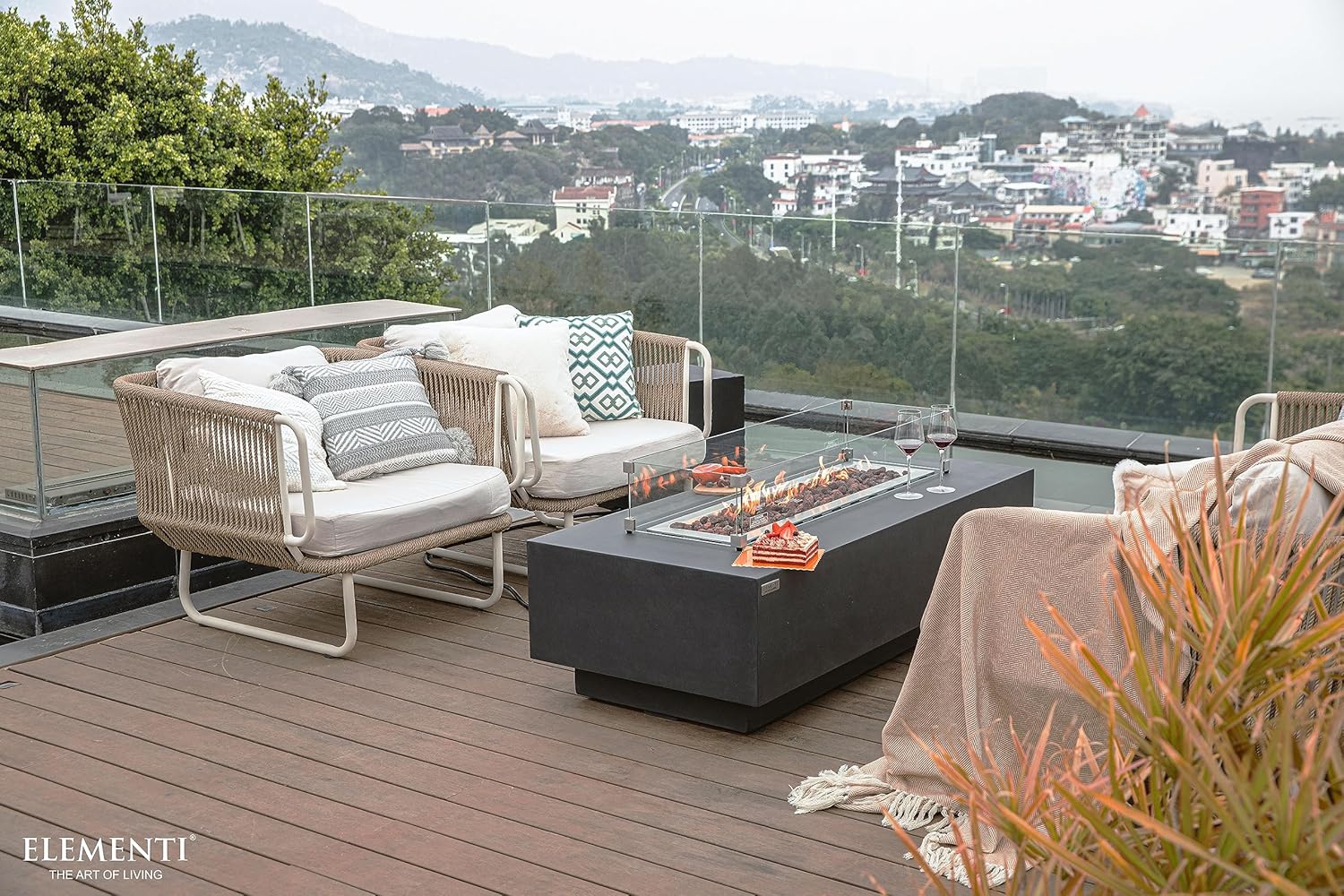 Elementi | Bundle Granville Gas Fire Pit Cast Concrete 60" Rectangular Fire Table, Outdoor Fire Pit Electronic Ignition | Canvas Cover, Lava Rock Included | Dark Gray (Natural Gas)