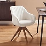 Desk Chair No Wheels, Mid Century Modern Office Chair, Swivel Accent Chair with Oak Wood Legs, Fabric Upholstered Arm Chair, Ivory