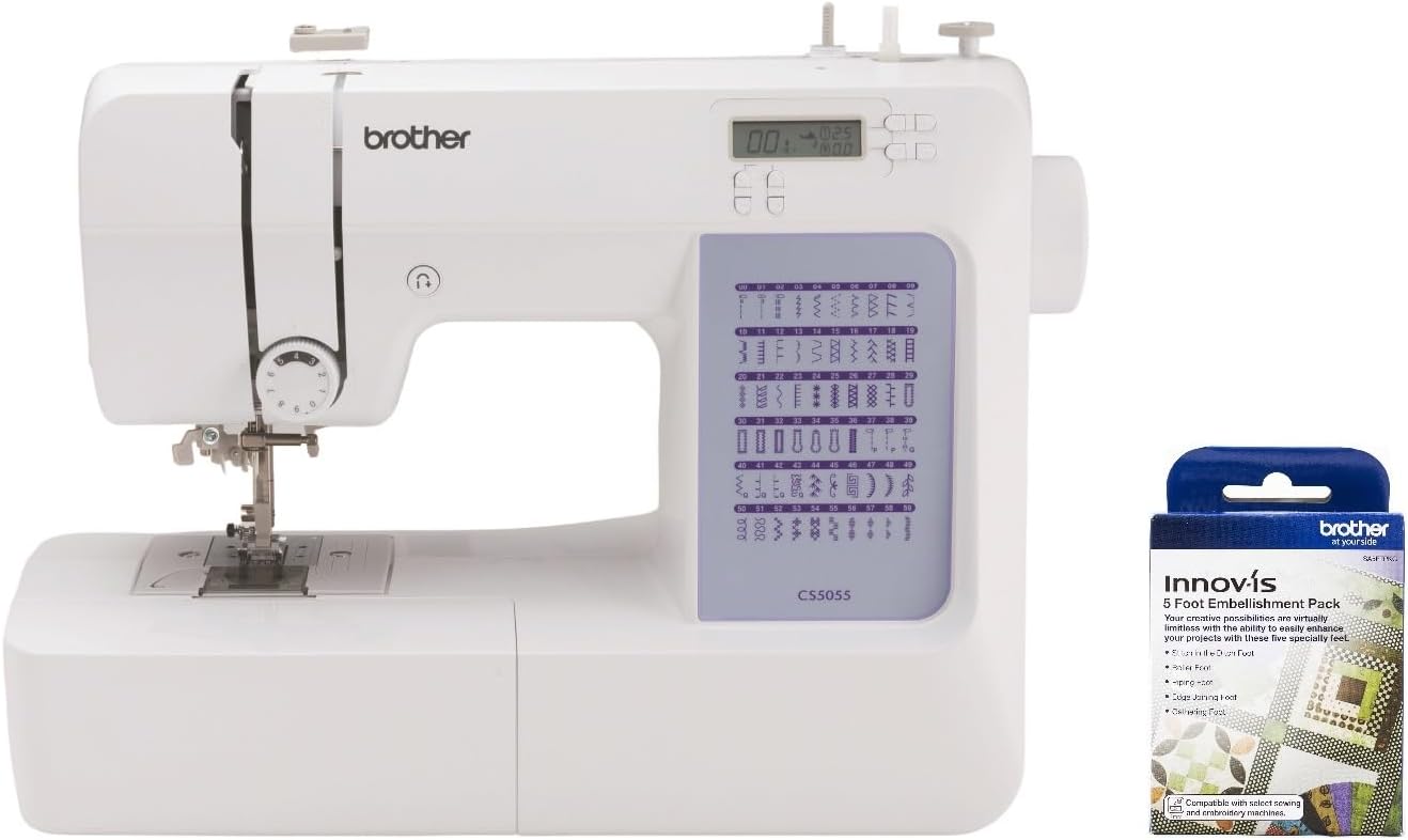 CS5055 Computerized Sewing Machine, 60 Built-in Stitches, LCD Display, 7 Feet and SA5FTPKG 5 Foot Embellishment Pack Included