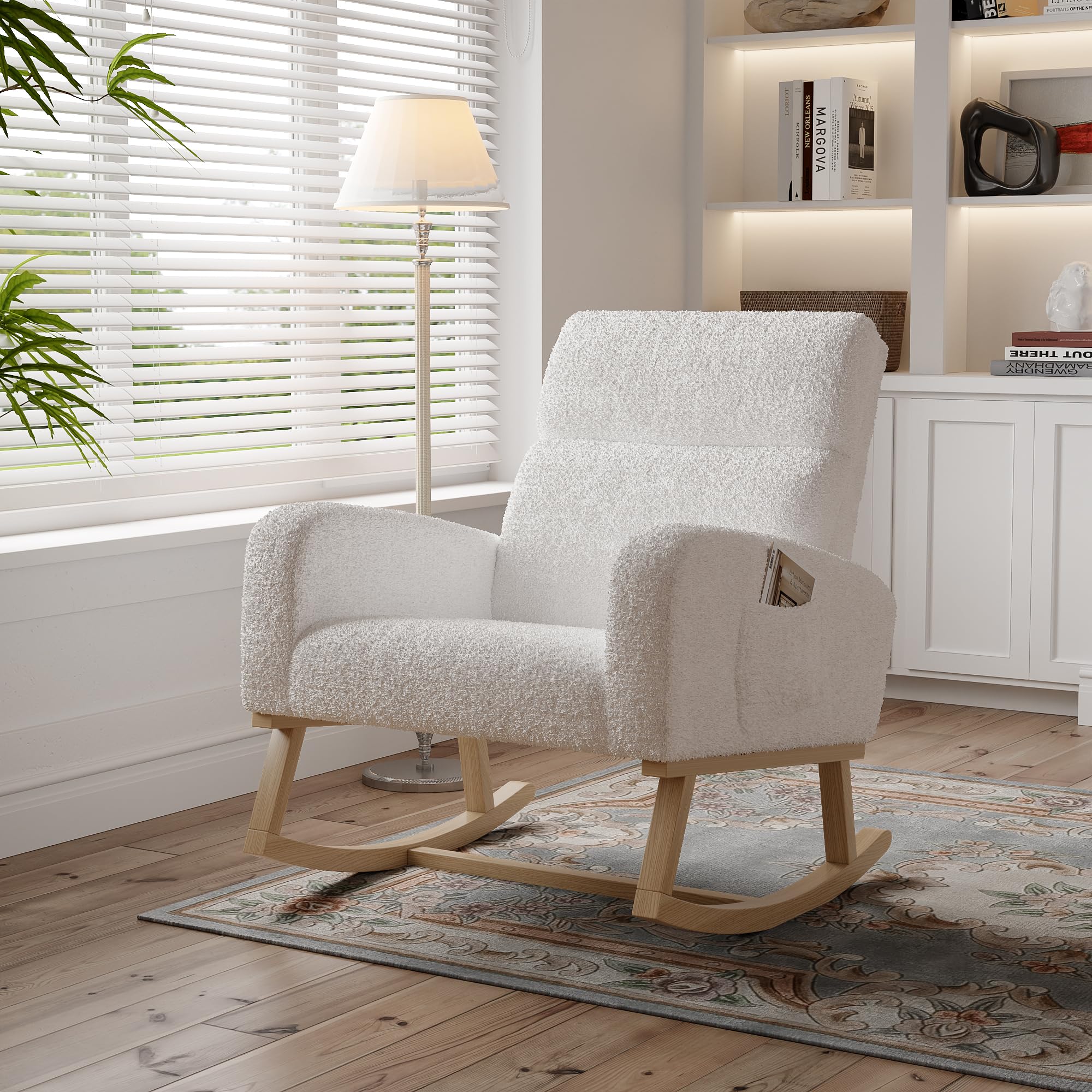 Fauteuil à Bascule en Tissu Teddy, Fauteuil d'allaitement avec Dossier Haut, Accoudoirs Rembourrés, Poches Latérales et Patins Antidérapants pour Salon, Chambre, Bureau, 69.2x78.5x87cm, Blanc