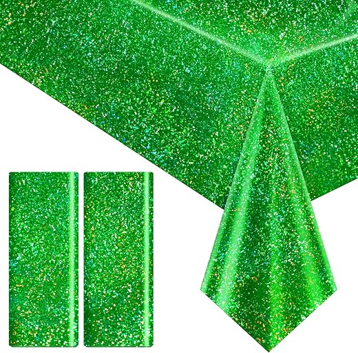 2 pcs Green Holographic Tablecloth 40" x 108" Christmas Table Cloth Shimmer Shining Plastic Metallic Table Cover for Jungle Safari St. Patrick's Day Baby Shower Birthday Party Decoration Supplies | Iridescent Shiny Plastic Table Covers for St. Patrick's Day, Christmas, Birthdays, Jungle Safari and Baby Showers