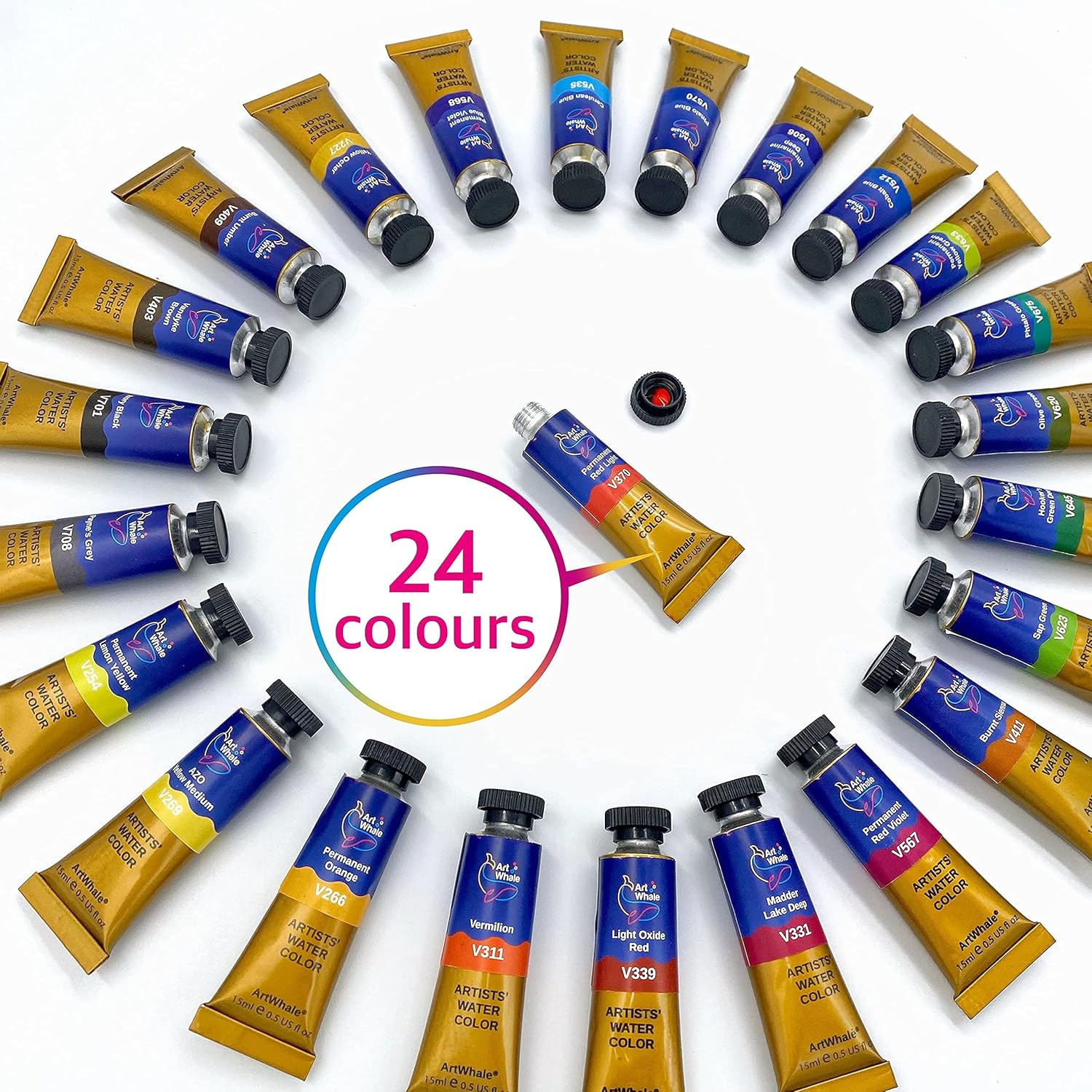ArtWhale Artists' Watercolor 24 Colors in Tubes (15 ml/ 0.5 oz) - Professional Quality - Paint Set for Artists, Beginners, Students, Hobby Painters