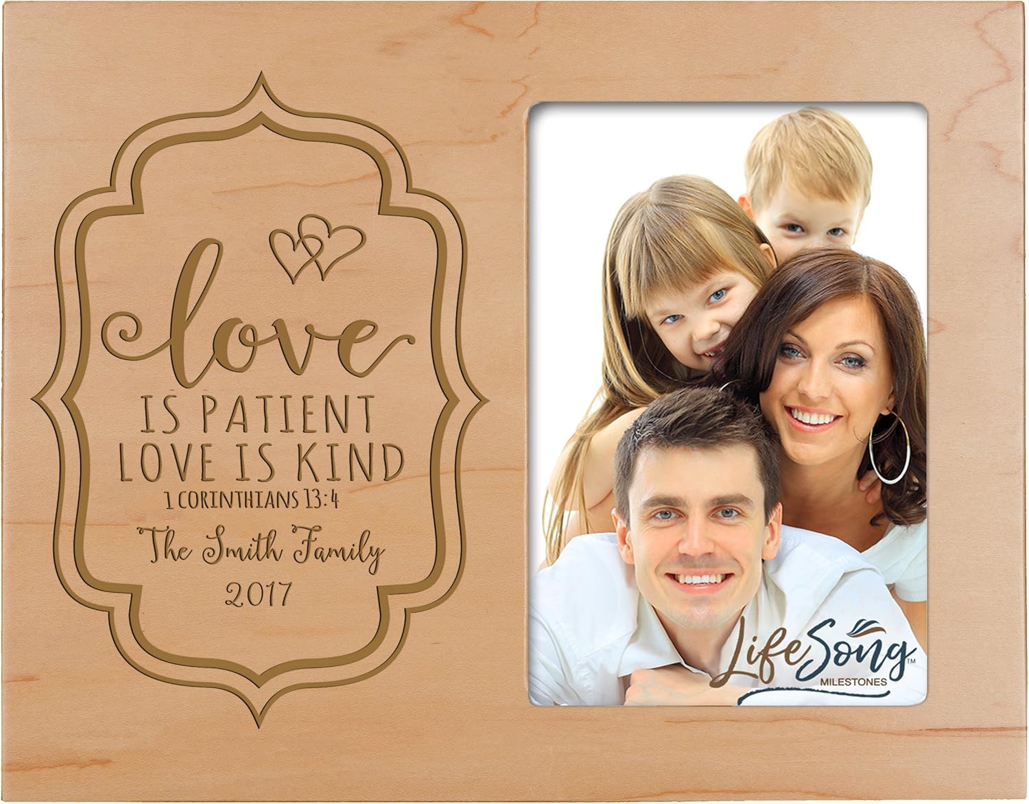 LifeSong Milestones Personalized Valentine’s Day Photo Frame Gift Custom Engraved Ideas for Couple Love is Patient Love is Kind 1 Corinthians 13:4 Frame Holds 4 x 6 Picture (Black)