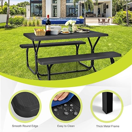 Miniatura 7 de HAPPYGRILL Juego de mesa de picnic para patio al aire libre con marco de acero y mesa de plástico para jardín y patio trasero