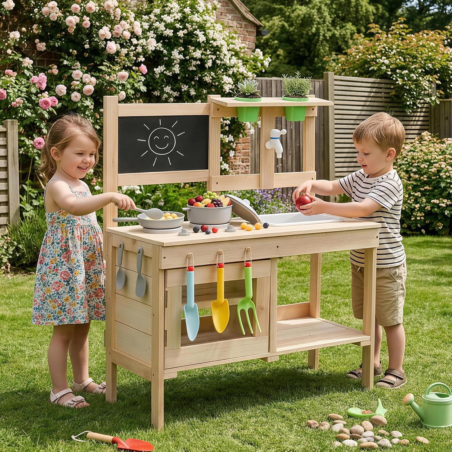 Ktaxon Outdoor Mud Kitchen for Kids, Wooden Play Kitchen Set with Sink, Blackboard, Storage Cabinet, Stove, Pots & Flower Pots for Garden, Backyard, Patio
