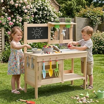 Ktaxon Outdoor Mud Kitchen for Kids, Wooden Play Kitchen Set with Sink, Blackboard, Storage Cabinet, Stove, Pots & Flower Pots for Garden, Backyard, Patio