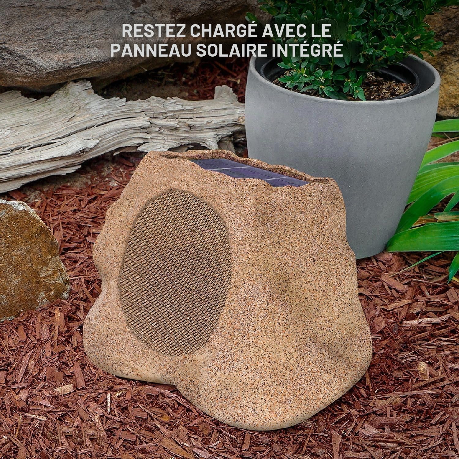 Victrola Rock Speaker Connect – Enceinte Extérieure sans Fil Bluetooth 5.3, Autonomie 22 Heures, Recharge Solaire, Connexion Jusqu’à 20 Enceintes, Résistance Eau et Poussière IP65 (Pierre)
