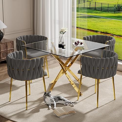 Miniatura 15 de Juego de mesa de comedor de cristal dorado de lujo para 4, juego de comedor cuadrado de 5 piezas con parte superior de vidrio transparente, juego de