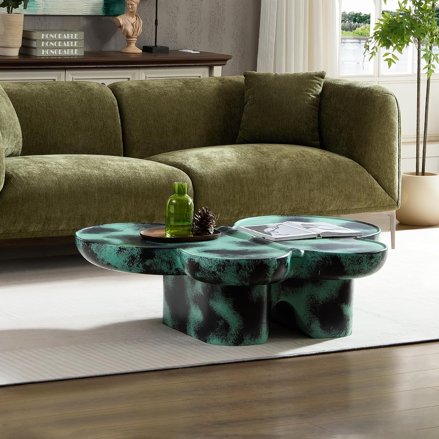 Modern Coffee Table, Fiberglass Coffee Tables for Small Space, 47.24" Butterfly Center Table for Sofa, Minimalist Accent Side Cocktail Table for Living Room, Bedroom, Apartment, Office, Green