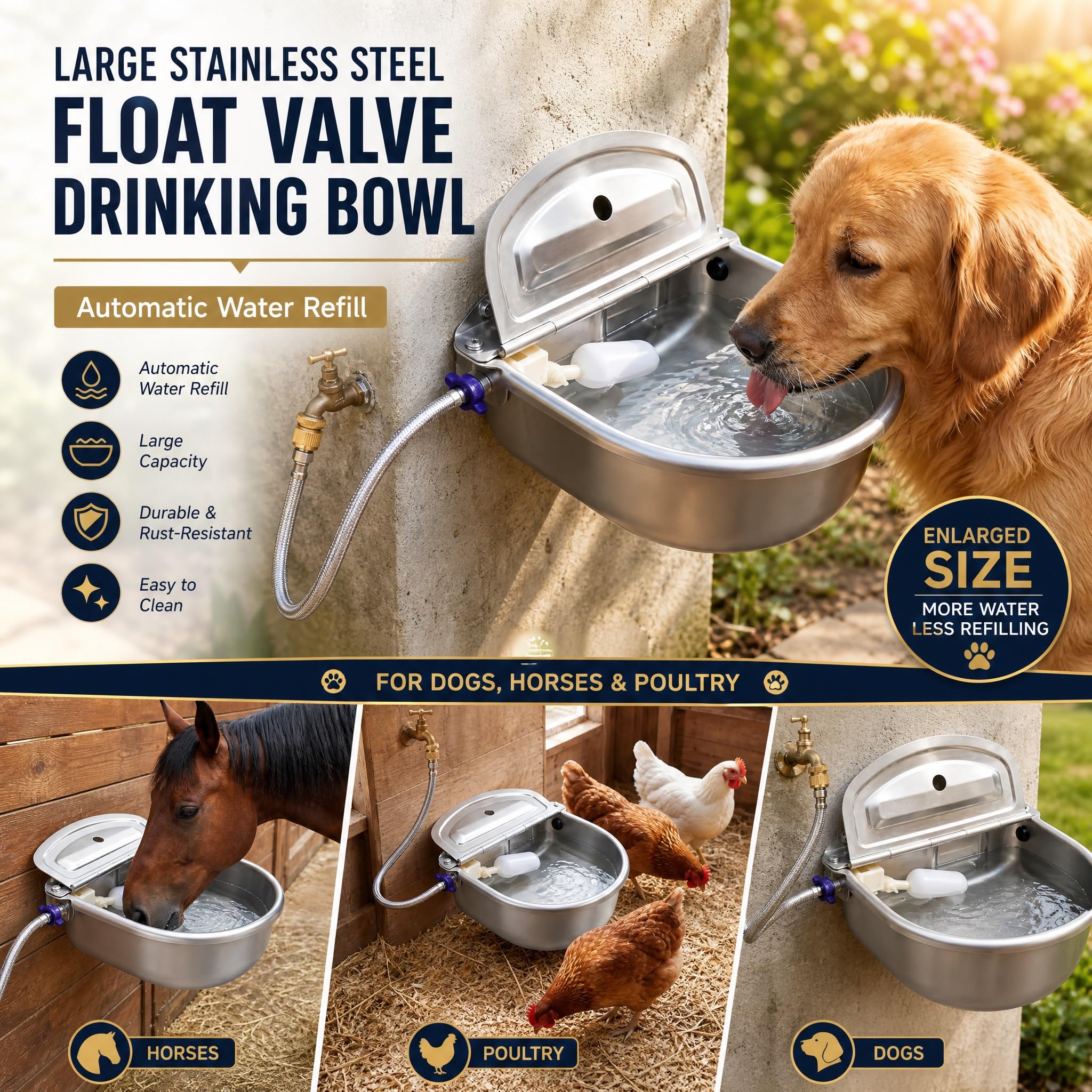 Tessco 2 set di abbeveratoi automatici extra large per cavalli, in acciaio inox, distributore automatico di acqua per cani, ciotola per acqua automatica per bestiame animali da fattoria con adattatore
