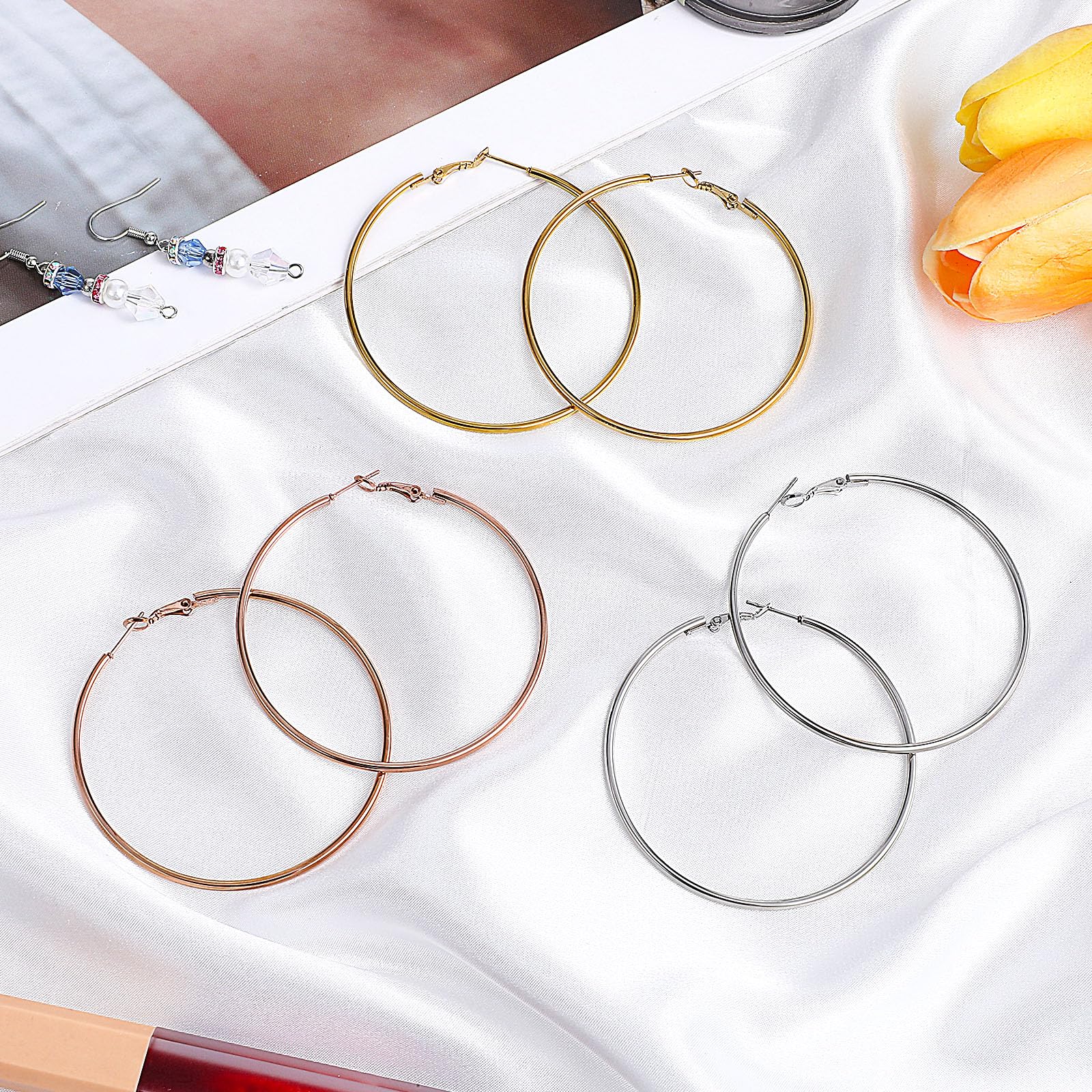 MBAIYO 4Pcs Stainless Steel Hoop Earrings, Large Circle Silver Hoop Cartilage Gold Silver Rose gold Black Oversize Earrings for Women