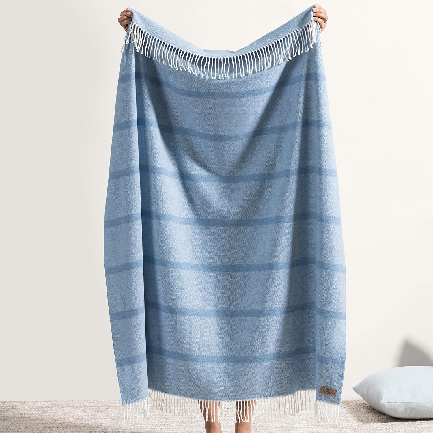 Lands Downunder All-Season, Luxury Denim Montauk Stripe Herringbone Throw – Soft Woven Throw with Decorative Fringe – Made in Italy – 51”W x 67”L - Perfect for Gifting