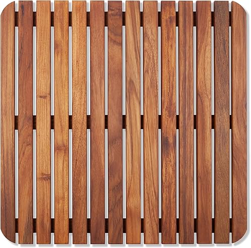 Alfombrilla de ducha y baño de estilo nórdico Premium de teca para uso interior + exterior | Plataforma de madera antideslizante para spa, sauna,
