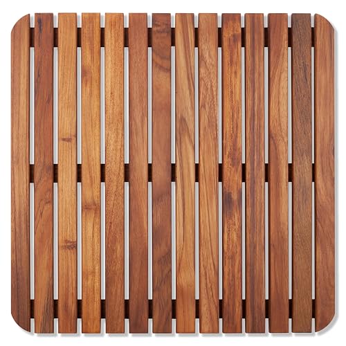 Nordic Style Premium Teak Shower + Bath Mat for Indoor + Outdoor Use | Non-Slip Wooden Platform for Spa, Sauna, Shower, Pool, Bath, Hot Tub | Flooring Decor and Protector (Oiled Finish, 19.6" x 19.6")