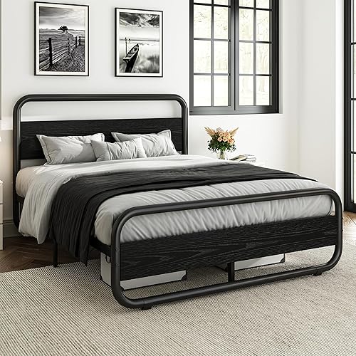 Miniatura 8 de Catrimown Queen Bed Frame with LED Lights, Heavy Duty Metal Rustic Platform Bed Frame Queen Size, with Headboard, Under Bed Storage, Noise Free, No