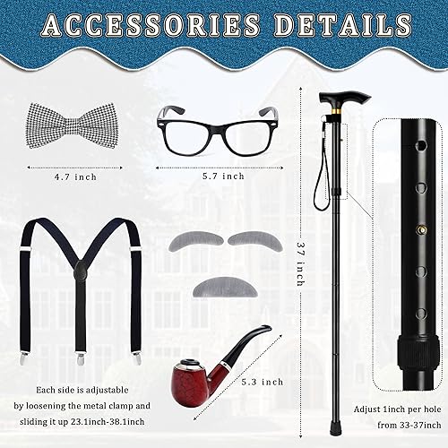 Vista 6 de Zivyes Disfraz de anciano para niños de 100 días de escuela, accesorios para abuelo, gorra de periódico, gafas falsas, chaleco