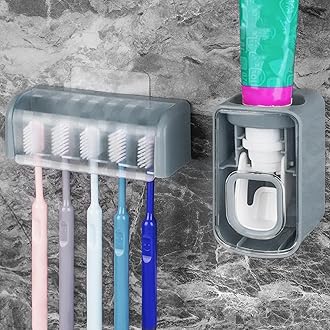 5 Slots Wall Mount Toothbrush Holder with Cover, Self Adhesive Toothbrush Storage Organizer for Shower, Toothbrush Hanger with Automatic Toothpaste Squeezer Dispenser (Grey)