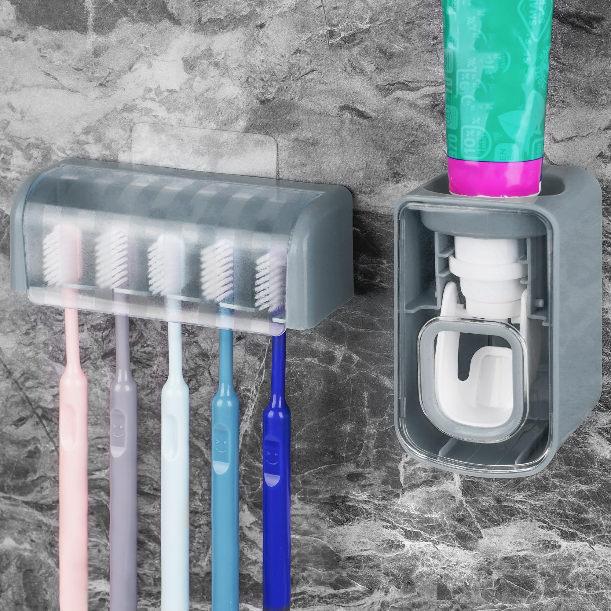 5 Slots Wall Mount Toothbrush Holder with Cover, Self Adhesive Toothbrush Storage Organizer for Shower, Toothbrush Hanger with Automatic Toothpaste Squeezer Dispenser (Grey)