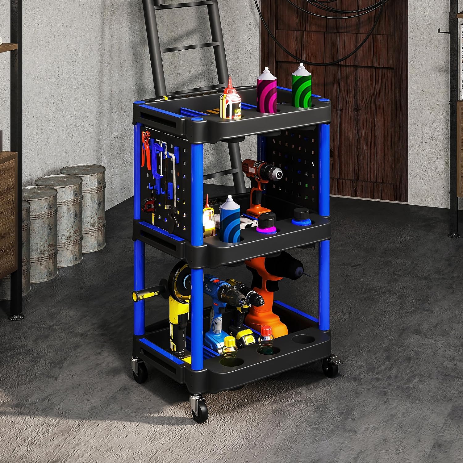 Diagram showing the dimensions of the HOMCOM 3-Tier Rolling Tool Cart: 22.2 inches wide, 18.7 inches deep, and 35 inches high, with a 200 lbs weight capacity.