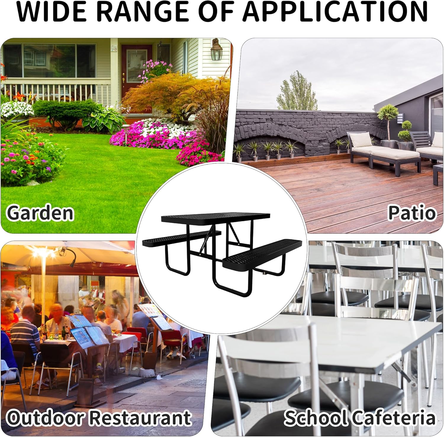 4FT Metal Picnic Table with Benches, Rectangular Lifetime Picnic Table with Umbrella Hole, Outdoor Furniture Heavy Duty Sturdy Commercial Picnic Tables for Patio Garden Courtyard BBQ Shopping Centers