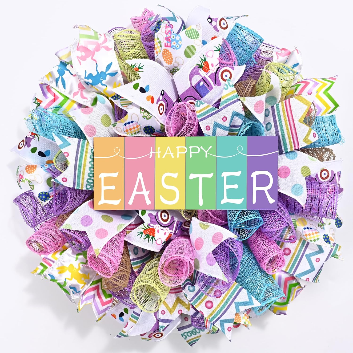 Waipfaru Easter Wreaths for Front Door, 18 Inch Handmade Mesh Bow Spring Wreaths with Wooden “Happy Easter” Sign, for Indoor Outdoor Home Farmhouse Table Mantel Window Wall Decor