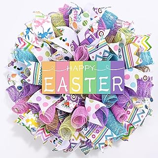Waipfaru Easter Wreaths for Front Door, 18 Inch Handmade Mesh Bow Spring Wreaths with Wooden “Happy Easter” Sign, for Indoor Outdoor Home Farmhouse Table Mantel Window Wall Decor