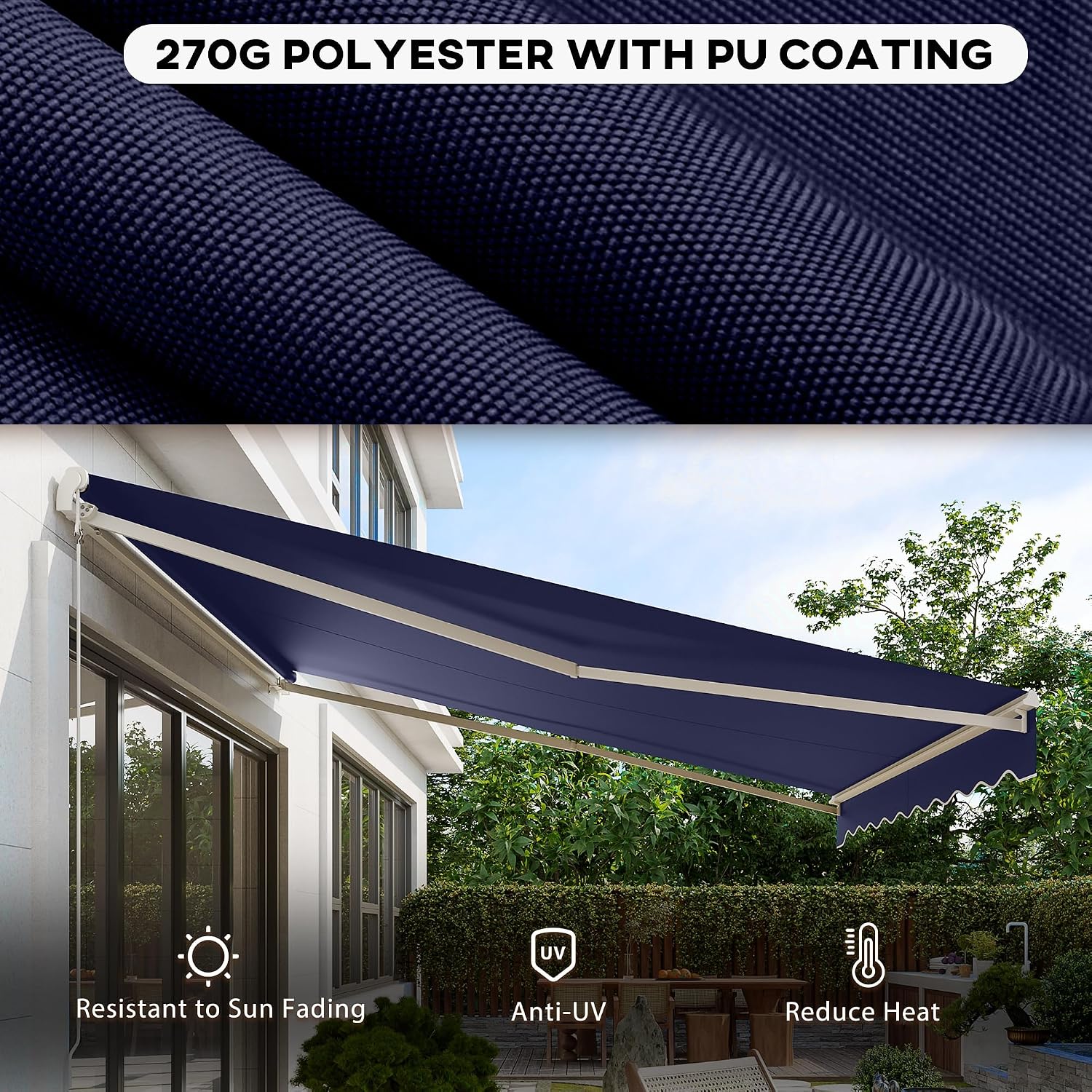 Outsunny 12' x 10' Electric Awning, Retractable Awning, UV Protection Sun Shade Shelter with Remote Controller and Manual Crank Handle for Deck, Balcony, Yard, Dark Blue