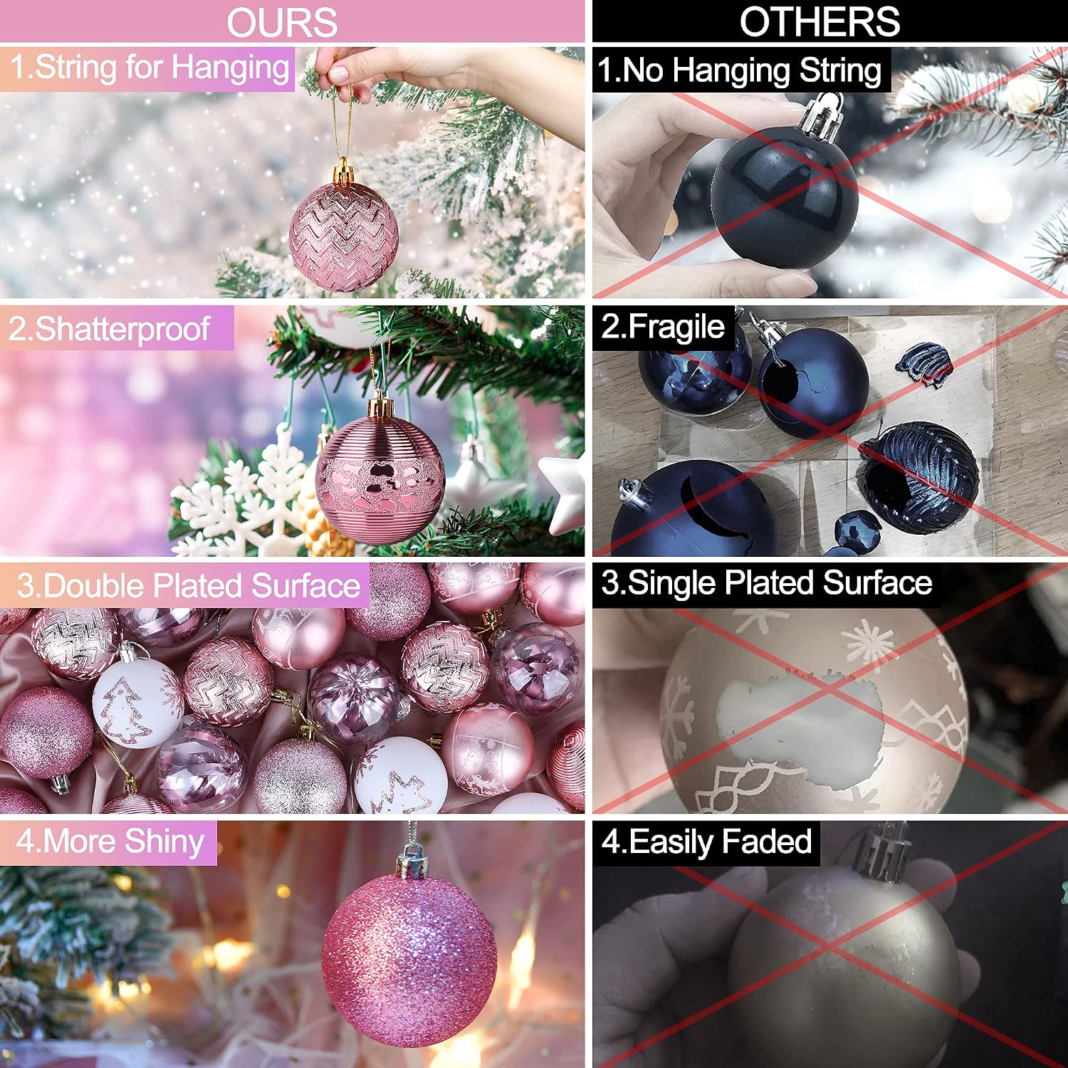Christmas Balls Ornaments Shatterproof Pink White Christmas Tree Ornament Multicolor Xmas Trees Decorations, 2.36 inches, Set of 36pcs