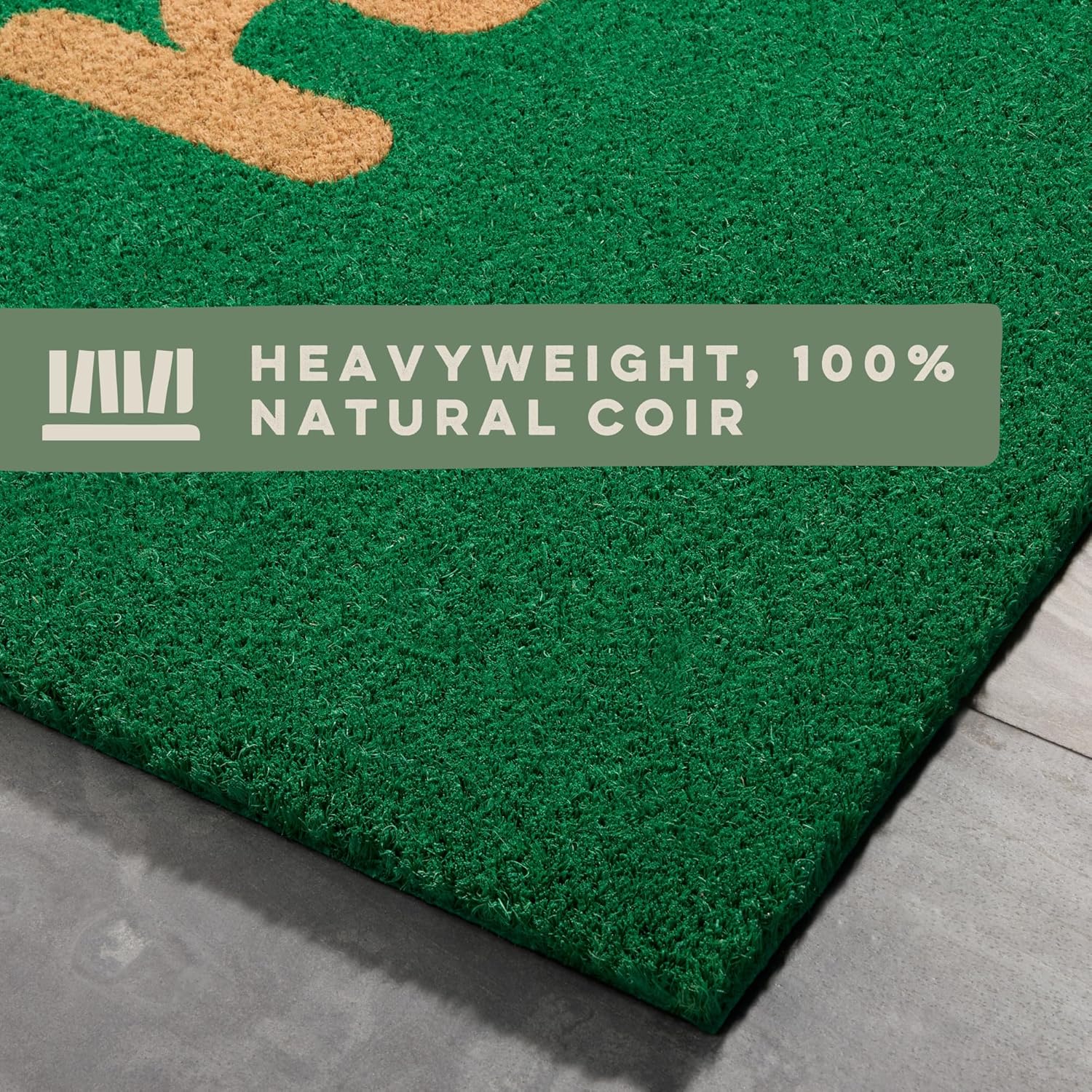 TOWN & COUNTRY TERRA Hiya Painted Welcome Door Mat, Natural Coir, Heavyweight, Non-Slip Entryway Mat, Green, 24"x36"