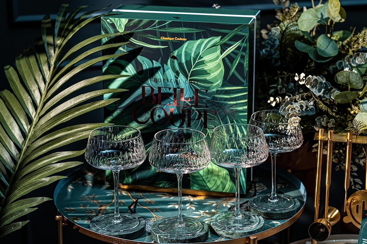 Vintage Flamingo Belle Coupe Glasses for Cocktails and Champagne | Set of 4 | 12 oz Crystal Retro Style Stemmed Saucers for Elegant Bar Drinks | Tropical Glassware Collection - Image 9