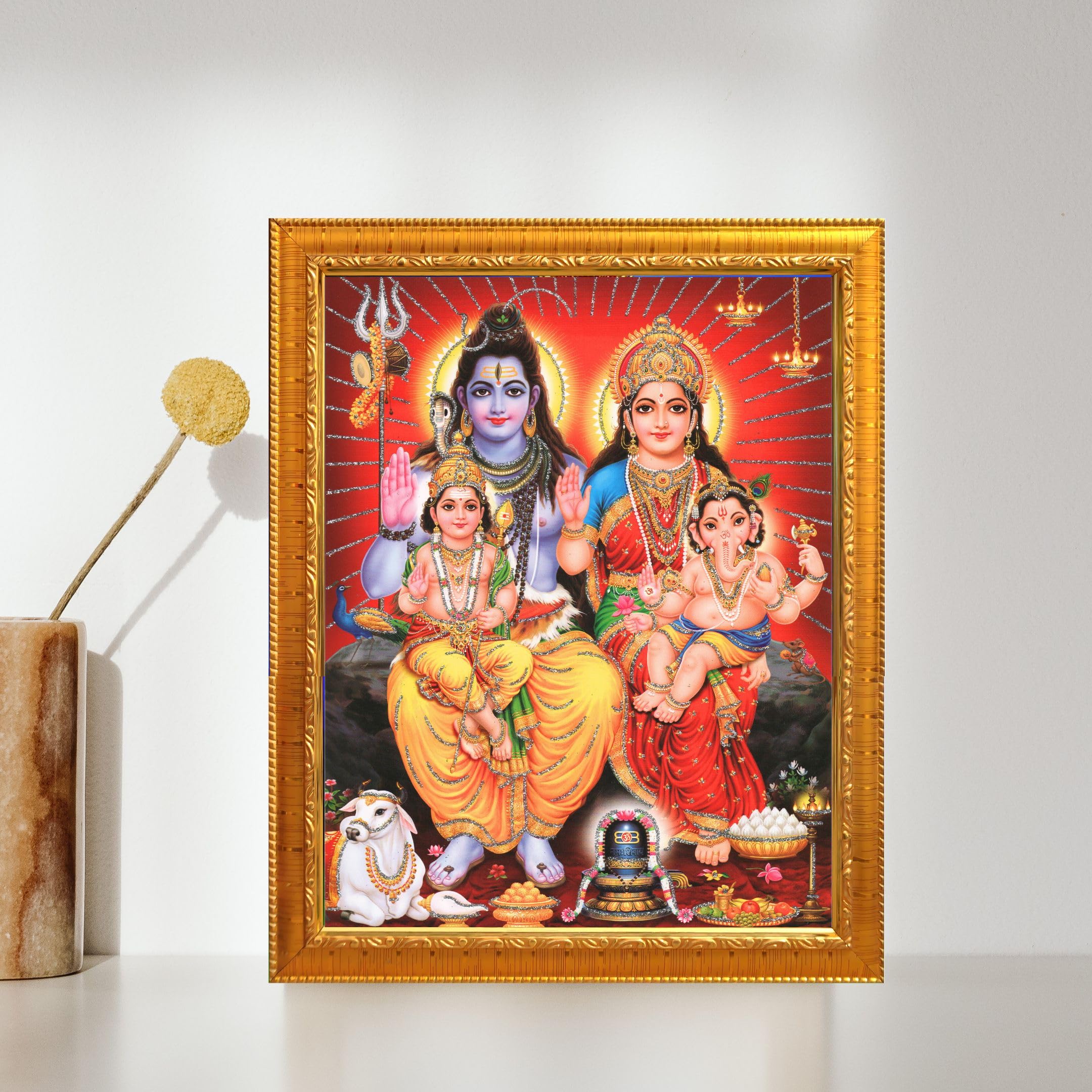 Shiv Parivar Religijna drewniana ramka na zdjęcia ze szkłem akrylowym (7 x 23 cm, złota)