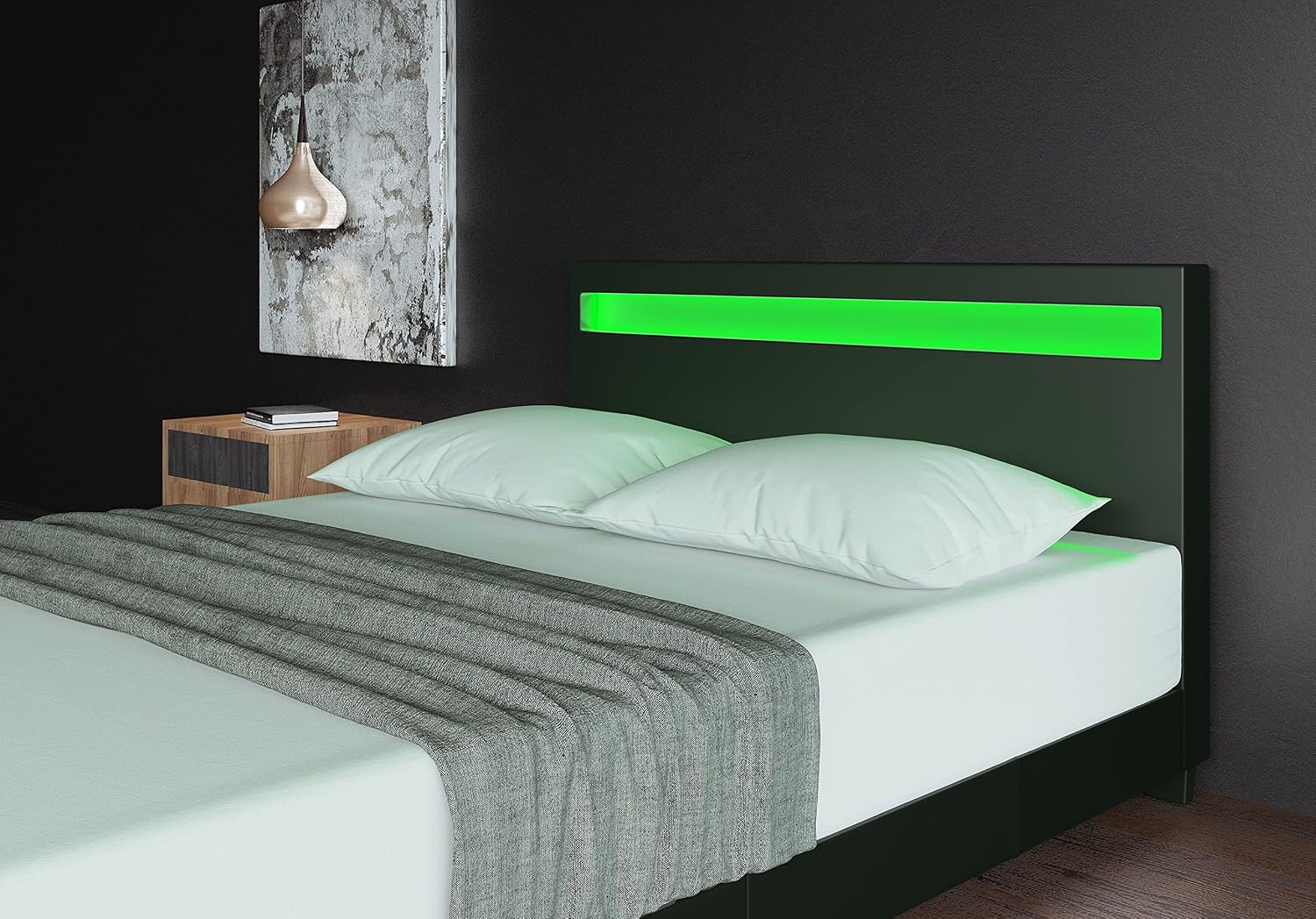 ZTOZZ LED Bed Frame Queen Size - Non Adjustable Headboard - Contemporary Modern Low Profile Platform Bed with 16 Colors LED and Faux Leather Upholstery - Black Color
