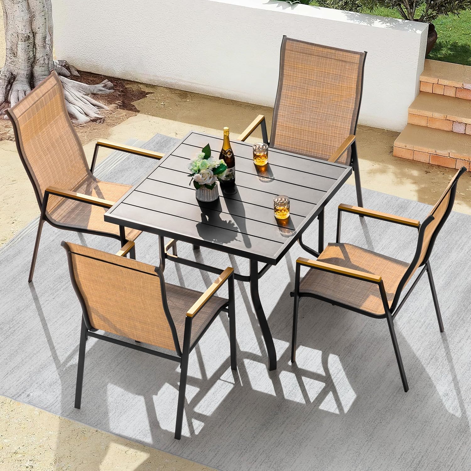 NUU GARDEN 5-Piece Patio Dining Set for 4, Slatted Table with Umbrella Hole and 4 Stackable Textilene Chairs with Faux Wood Armrests, Black and Khaki