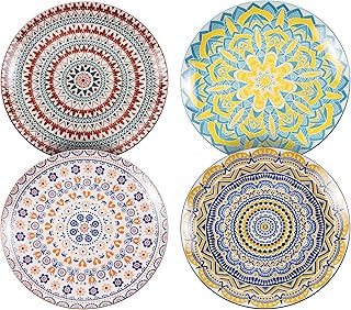 Ceramic Plate Set - 10.5 Inch Mixed Color Bohemian Design, 4-Piece Dinnerware Set