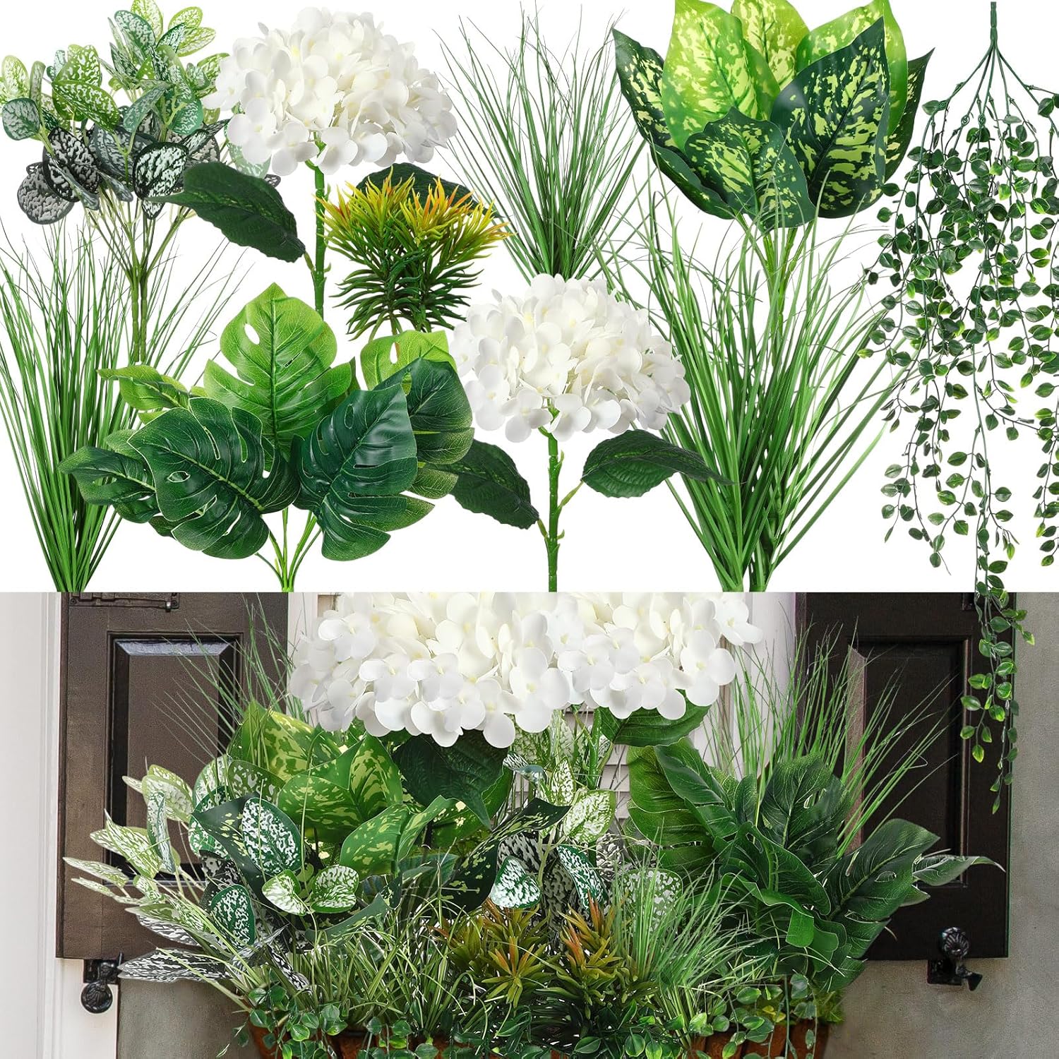 Giegxin 18 Pcs Artificial Plants Outdoor UV Resistant Artificial Fake Bushes for Window Box Greenery Shrub Succulent Hydrangea Flower for Indoor Outdoor Garden Front Patio Yard Porch Decor(White)