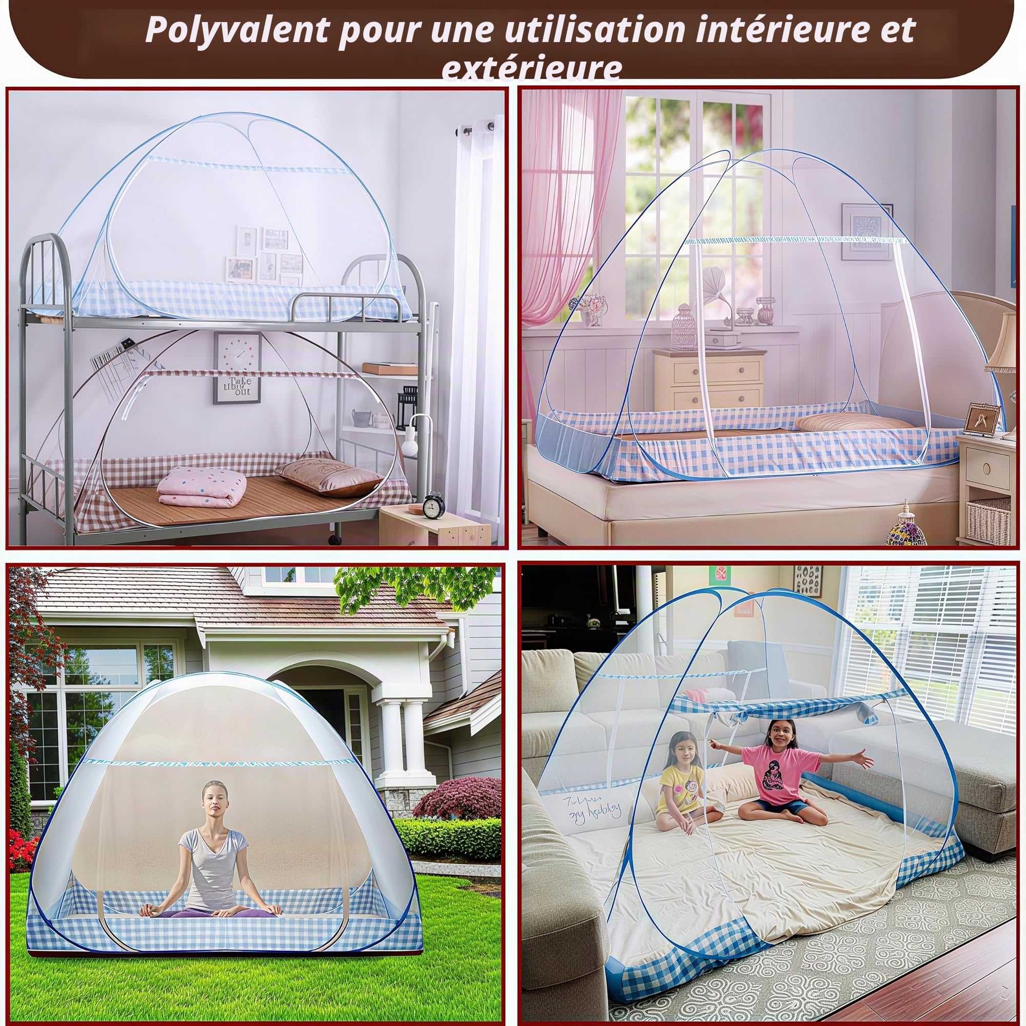 Digead Moustiquaire de Lit Dôme, 100x200cm à Installation Rapide | Portable et Pliable pour Camping et Chambre | Porte Simple, Bordure Marron