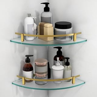 Plantex Bathroom Side Corner Glass Shelf/Kitchen Glass Corner Shelf/Living Room Wall Mount Shelf with Brass Antique Railings and Brackets (9x9 Inches, Pack of 2 - Frosted)