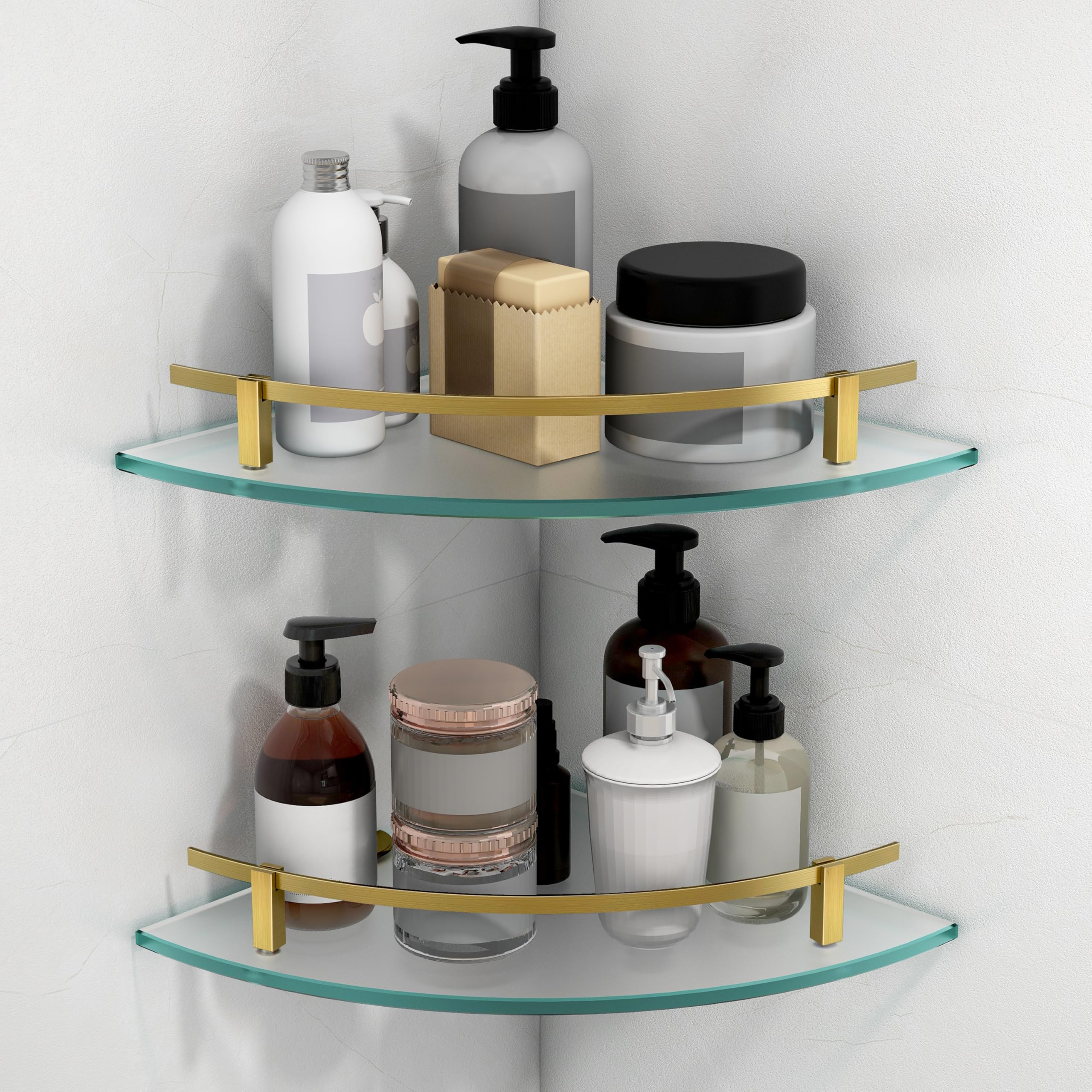 Plantex Bathroom Side Corner Glass Shelf/Kitchen Glass Corner Shelf/Living Room Wall Mount Shelf with Brass Antique Railings and Brackets (9x9 Inches, Pack of 2 - Frosted)-image-45