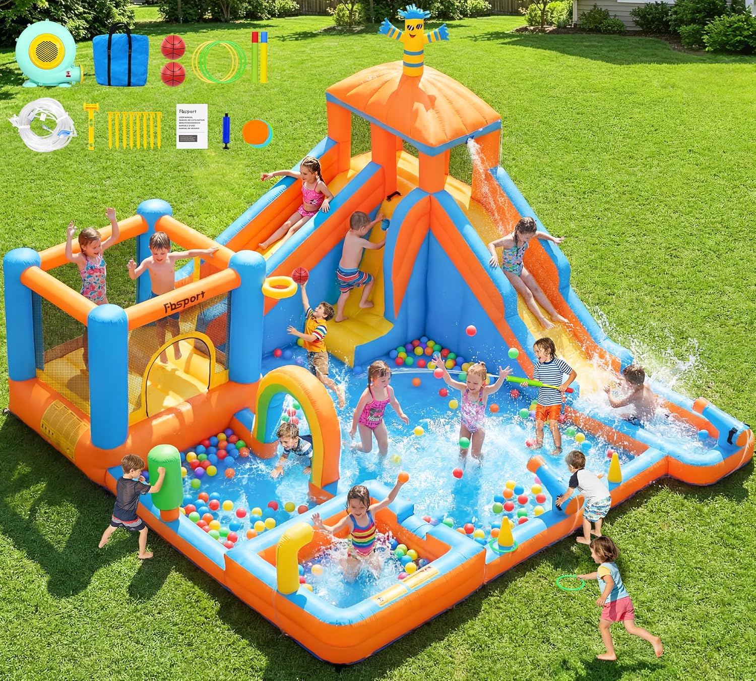 FBSPORT Inflatable Water Slide Bounce House, Double Water Slides Bounce House for Kids 3-12, 11 in 1 Water Park Bouncy Castle for Backyard Outdoor with 750W Blower