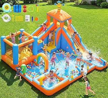 FBSPORT Inflatable Water Slide Bounce House, Double Water Slides Bounce House for Kids 3-12, 11 in 1 Water Park Bouncy Castle for Backyard Outdoor with 750W Blower, Pool, Climbing Wall, Rainbow Door