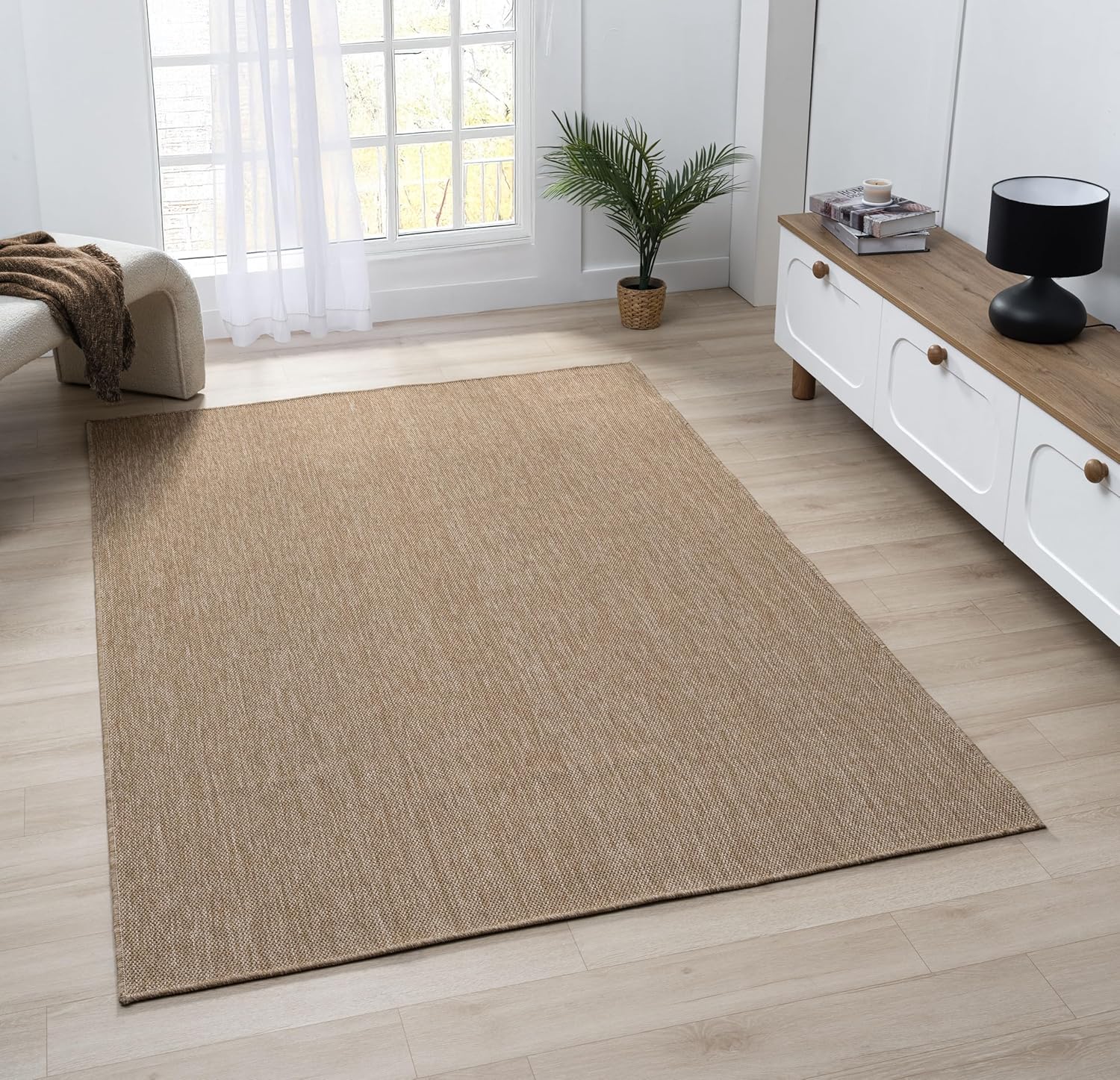 Angela Easy Jute Indoor Outdoor Rug, 5x7 Neutral Solid Jute Look, Polyester, Durable & Easy Care Outdoor Farmhouse Carpet for Patio, Porch, Living Room (5' x 7', Natural)