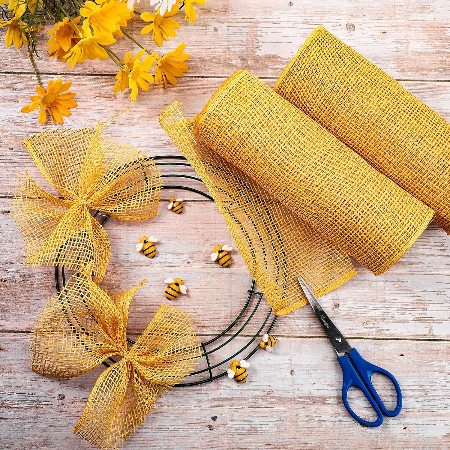 3 Rolls Poly Burlap Deco Mesh -10 Inch Wide Deco Poly Decorative Mesh Ribbon Wrapping Ribbon Rolls for Home Door Wreath Decoration DIY Crafts Making (Yellow)
