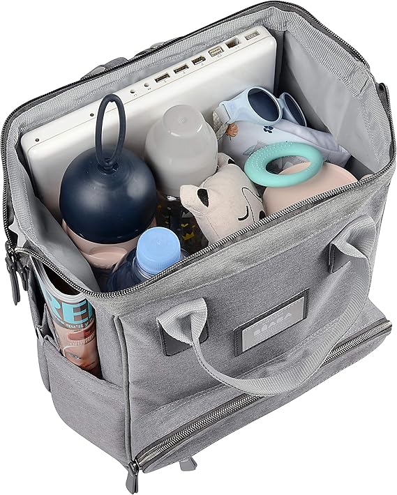 BEABA Wellington Diaper Bag Backpack, Mom Dad Diaper Backpack, Girls Boys Multi-Function Baby Travel Bag with Changing Pad and Stroller Straps, (Grey)