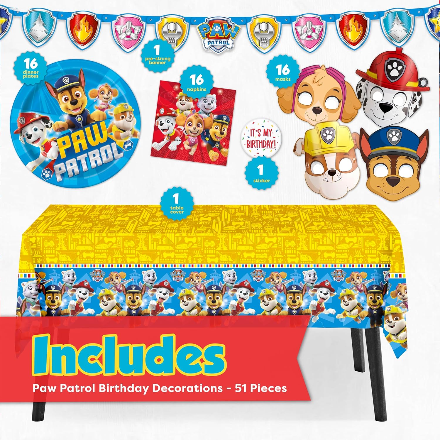 Paw Patrol Birthday Decorations | Serves 16 | Banner, Tablecloth, Plates and Napkins, Character Masks, Sticker | Paw Patrol Party Decorations for Boys and Girls