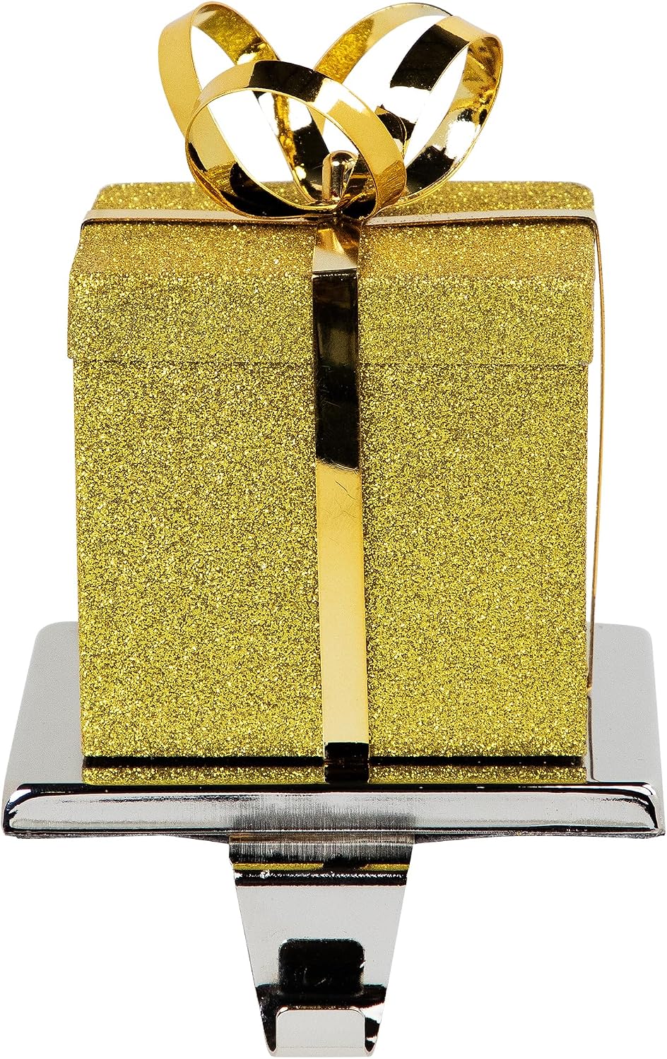 Northlight 5.5" Glitter Gold and Silver Gift Box Metal Christmas Stocking Holder