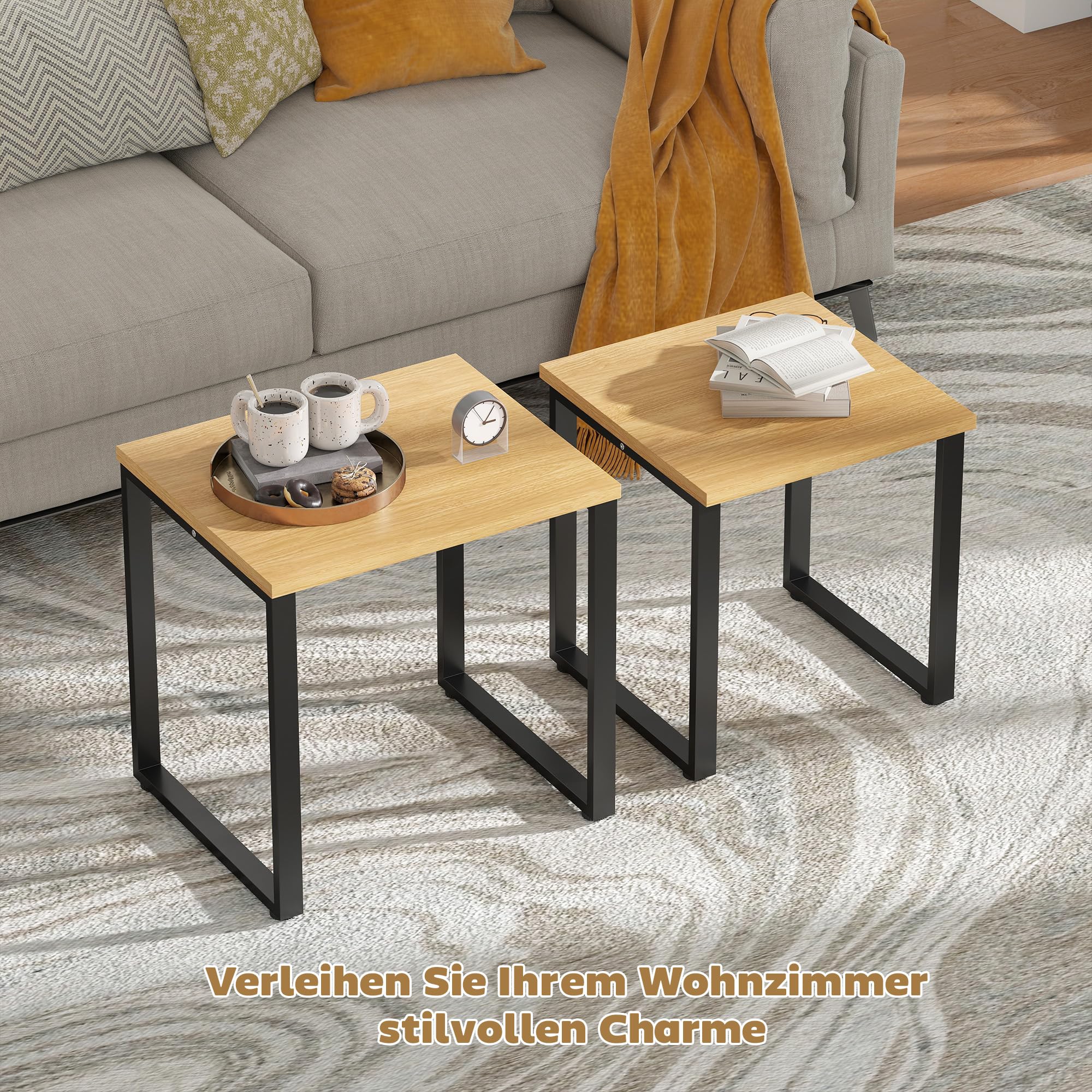 HOMCOM Couchtisch Satztisch mit Metallrahmen für Wohnzimmer Natur