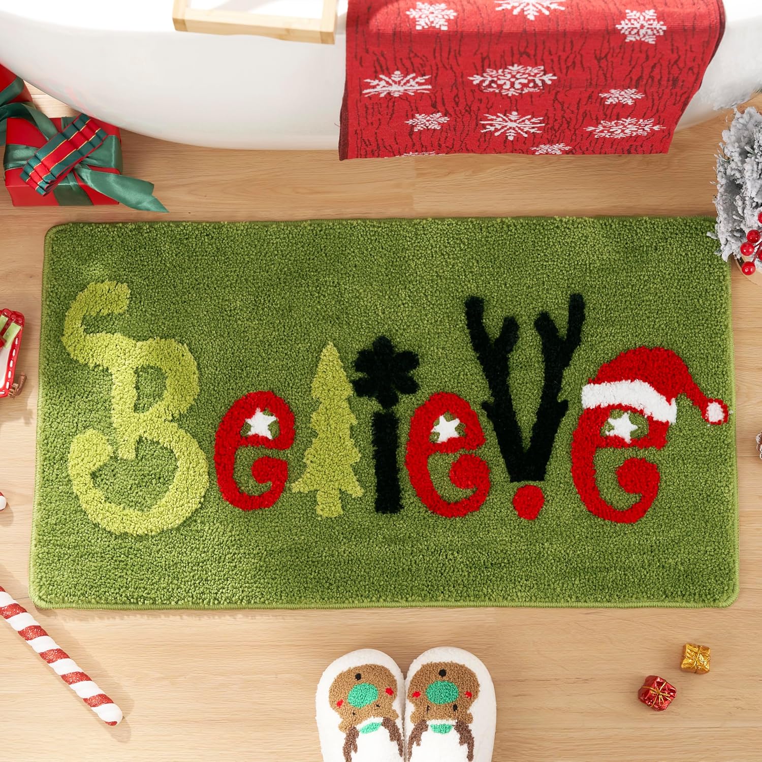 ELDONE Christmas Believe Bathroom Rugs W/Snowflake Reindeer, Cute Non-Slip Rug for Winter Holiday Decorations, Funny Circle Bath Mat for Bedroom Kitchen, 32" x 18