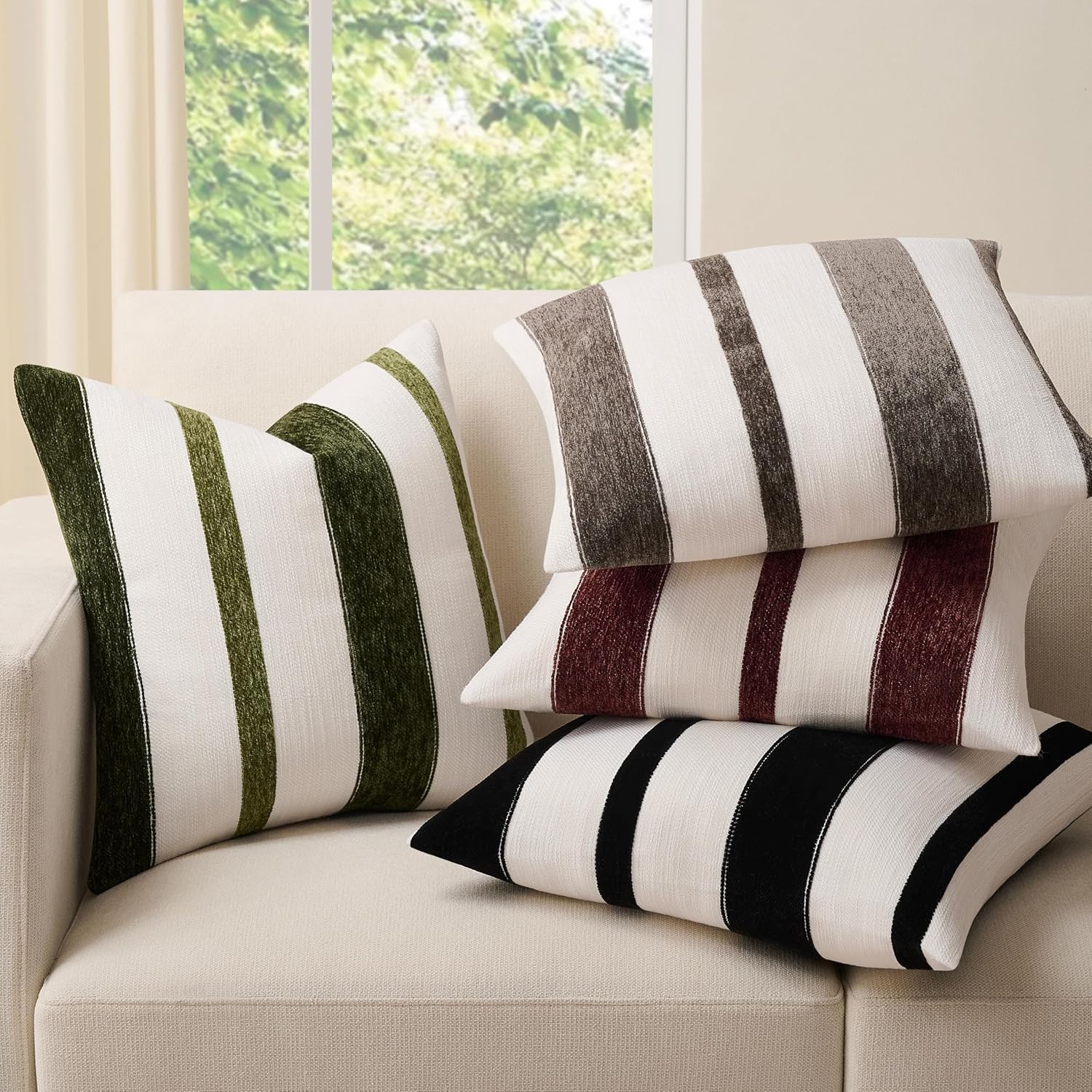 Throw Pillow Covers Set of 2 20x20 Inch Pillow Covers, Soft Stripe Decorative Olive Green Covers for Couch Sofa Bed Living Room, Neutral Farmhouse Covers, Home Boho Decor
