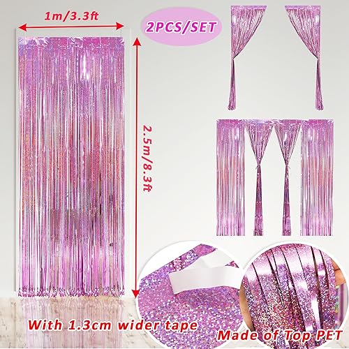 Miniatura 2 de Paquete de 2 decoraciones de fondo de oropel rosa para fiestas, 3.3 pies x 8.2 pies, serpentinas de puerta rosa para cumpleaños, unicornio,